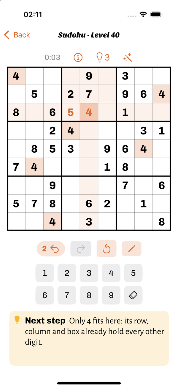 Sudoku with a hint that explains the next step