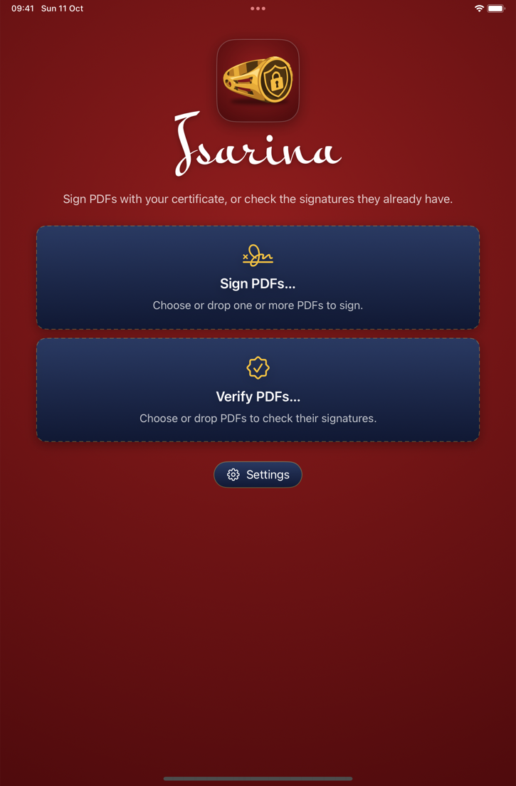 Welcome screen: Sign PDFs, Verify PDFs, Settings