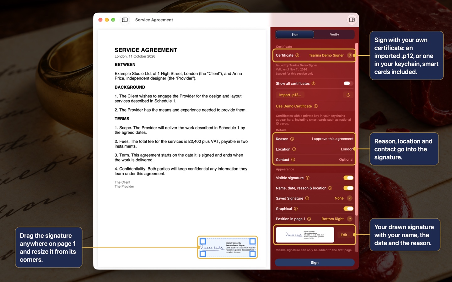 Firma di un contratto: certificato, dettagli e una firma visibile da trascinare a pagina 1