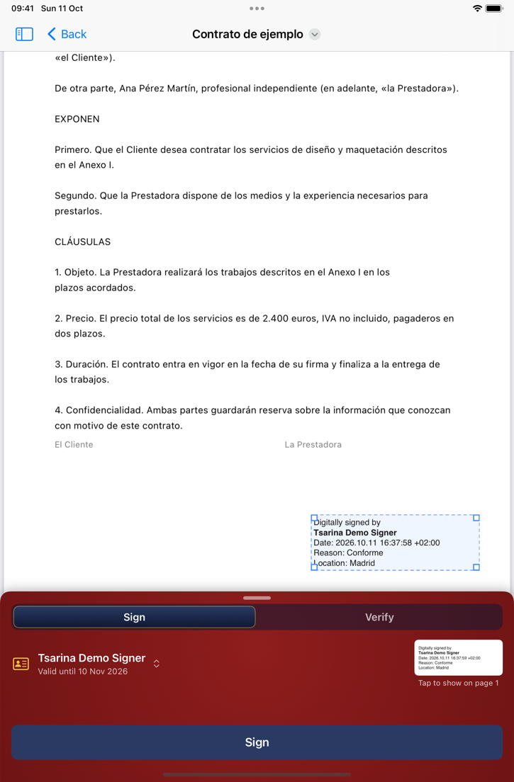 A contract with the signature box on page 1