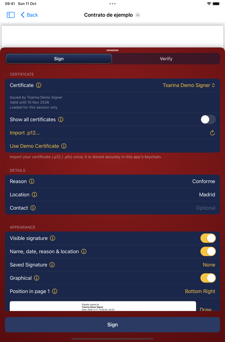 Signing options: certificate, details and appearance