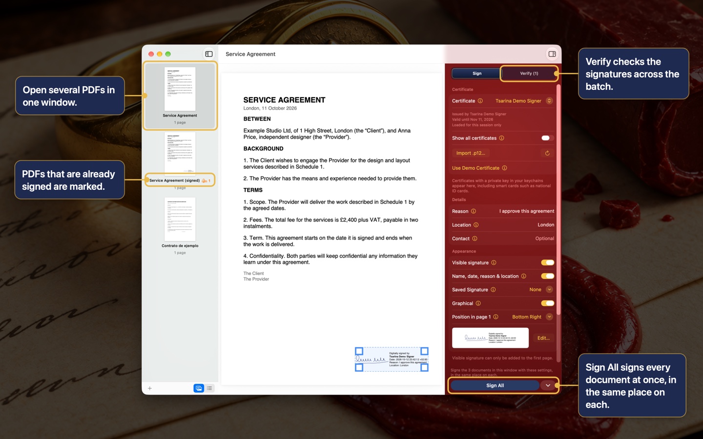 Più PDF in una finestra, firmati in una volta con Firma tutto